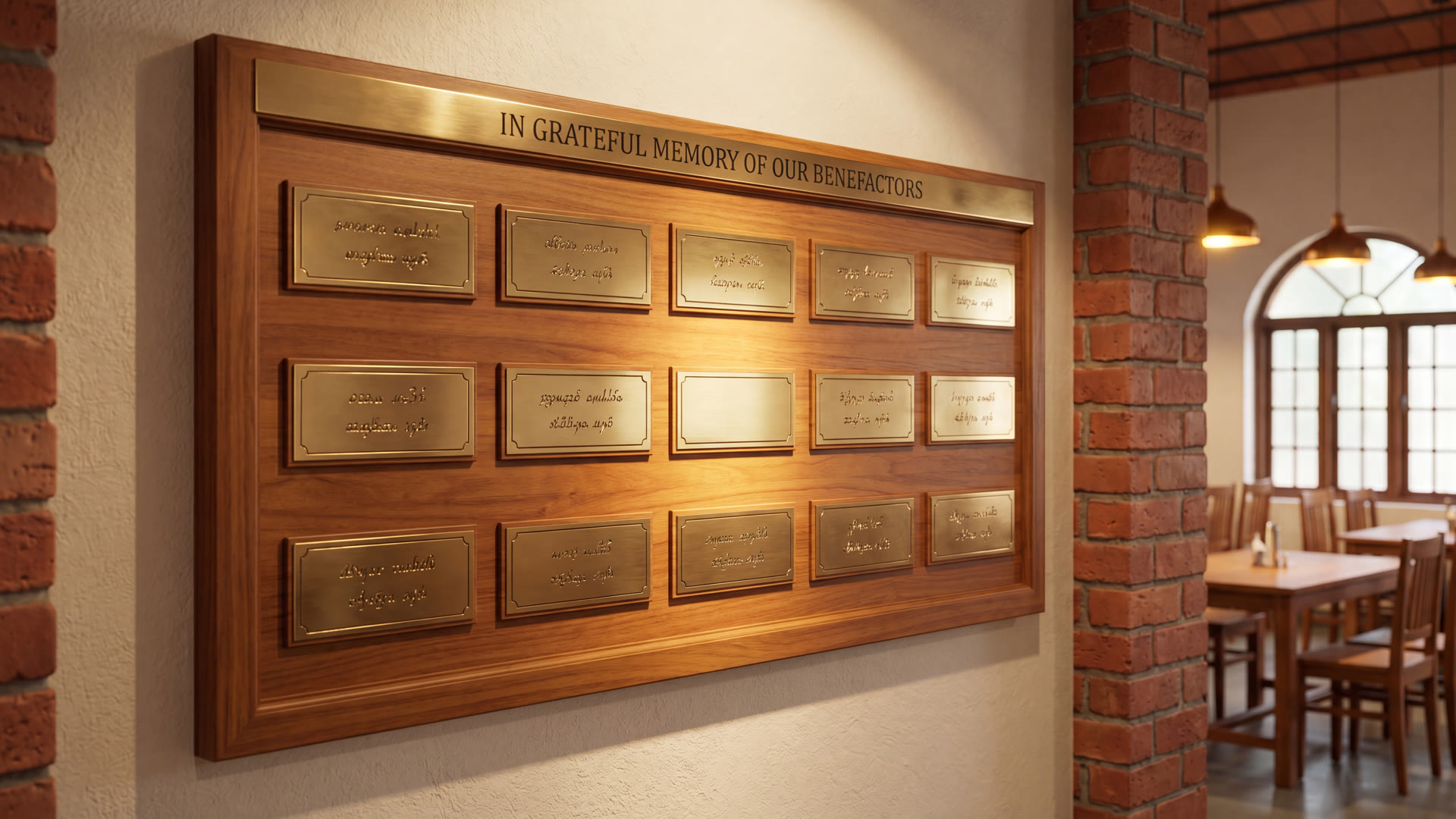 Engraved brass donor plaques on the dining hall's north wall, with one plaque left blank